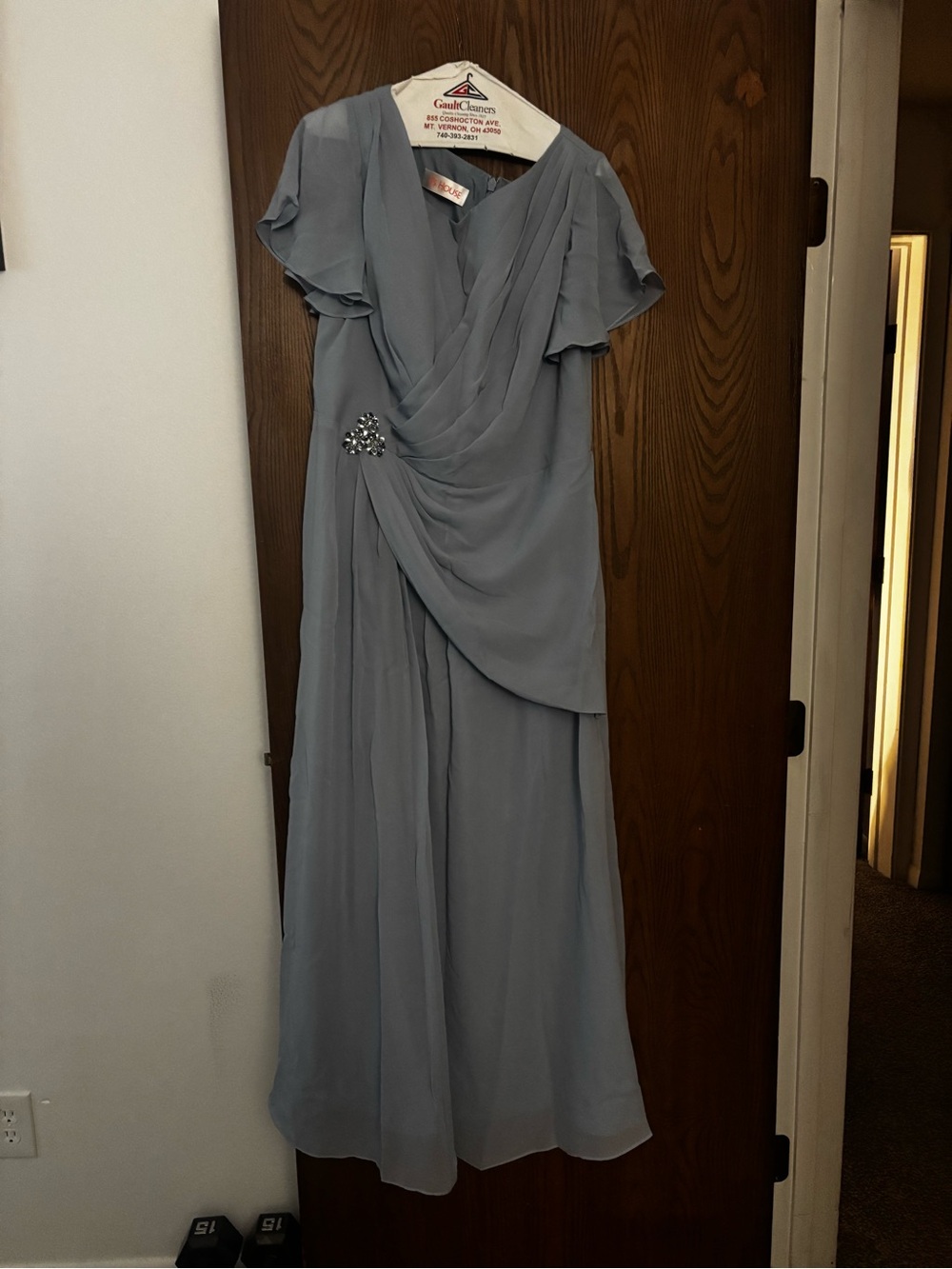 JJs House Slate Blue Chiffon Gown with Jeweled Accent
